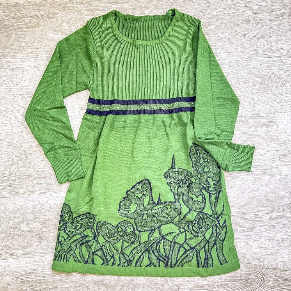 Green & Black Floral Cotton Knit Dress, Medium or Large
